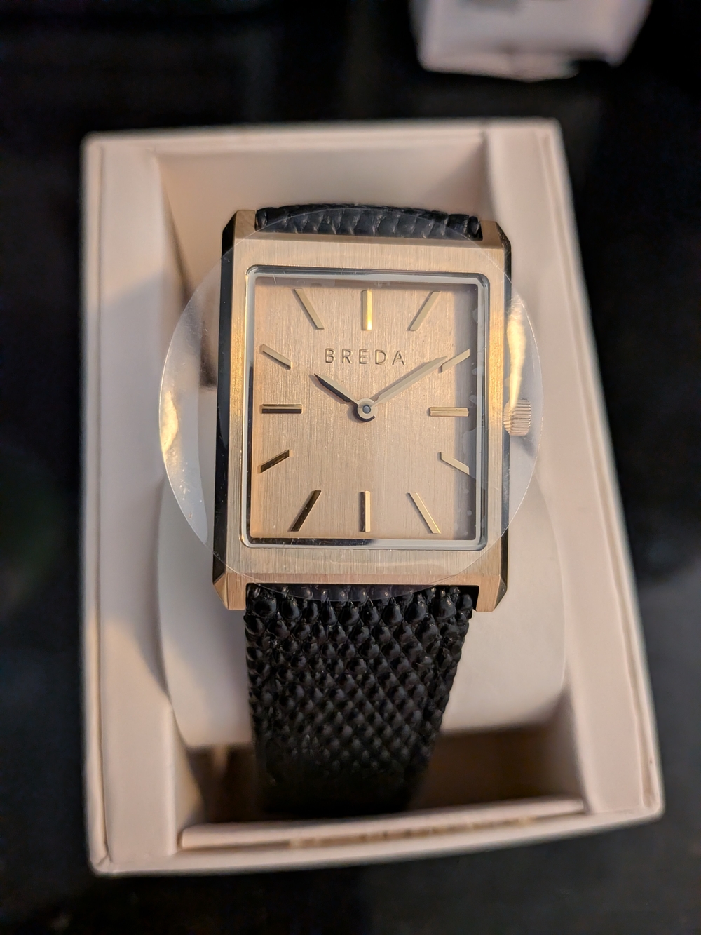 Breda Men’s Black Leather Strap Gold-Tone Square Watch